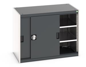 Bott cubio cupboard with lockable sliding doors 800mm high x 1050mm wide x 650mm deep and supplied with 2 x 100kg capacity shelves.   Ideal for areas with limited space where standard outward opening doors would not be suitable.... Bott Cubio Sliding Door Cupboards restricted space tool cupboard